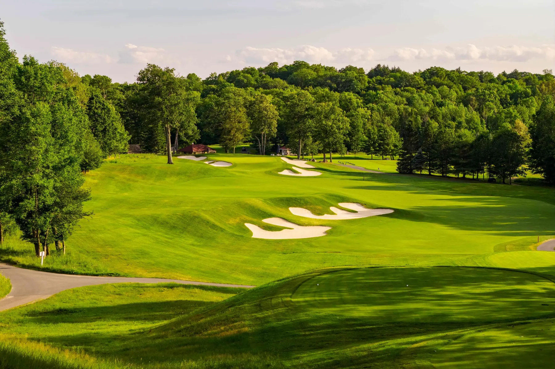 View from the tee over sculpted fairway bunkers