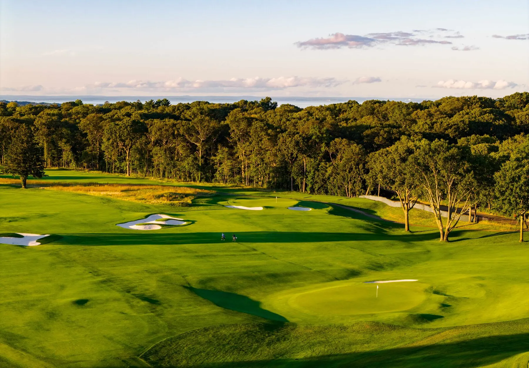 Green and bunkers at sunset