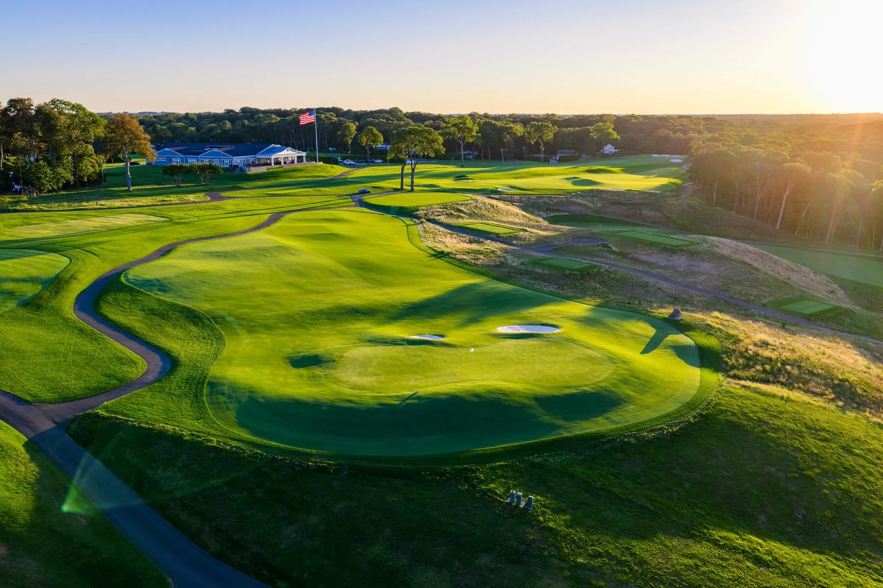 Aerial view of the clubhouse at sunset