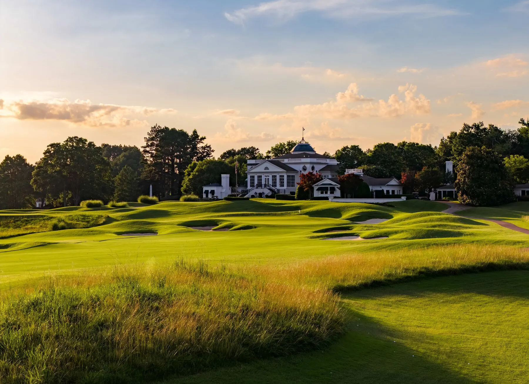 Old Waverly clubhouse and bunkers at dusk